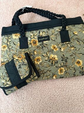 Longaberger Olive Floral Quilted Tote with Black Handles